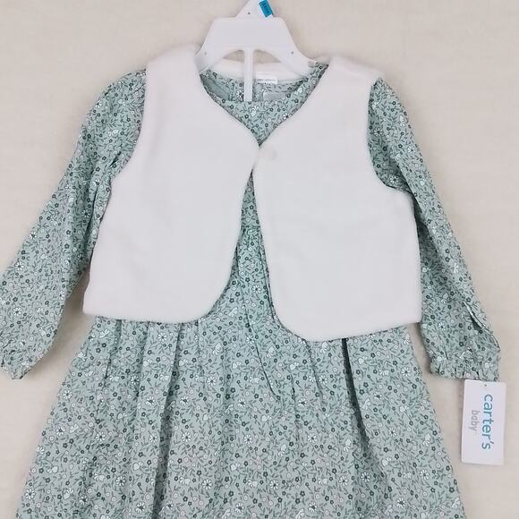 Carters Baby Set 24mo Green Pink Dress Leggings Layette Cotton Floral Print - Picture 13 of 15